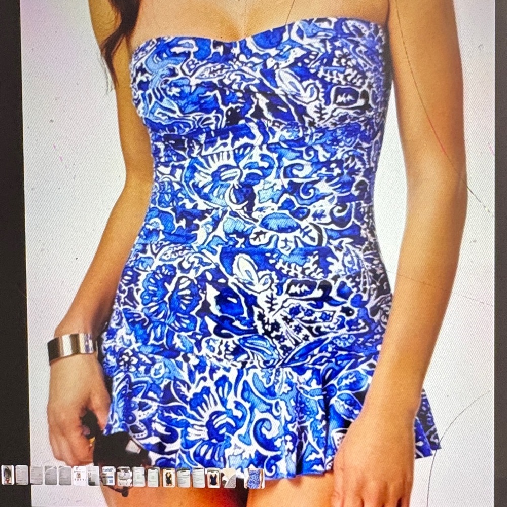 Ralph Lauren Blue and White Strapless Floral Swimdress